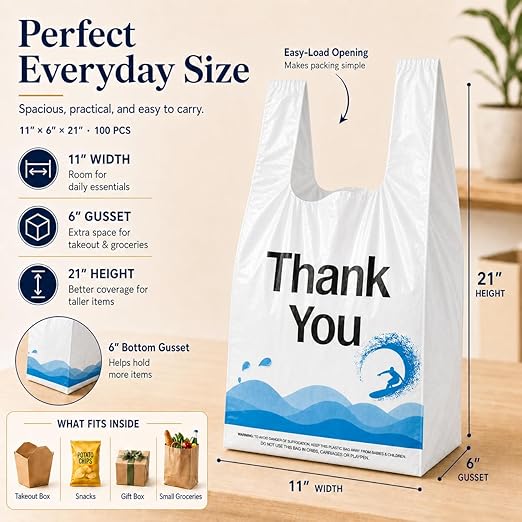 YoYoRain 100 Count Plastic T-Shirt Carry Bags with Handles, Durable Retail & Merchandise Shopping Bags for Grocery and Take-Out