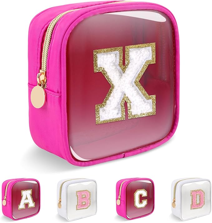 Personalized Initial Letter Clear Preppy Makeup Bag, Mini Nylon Chenille Letter Cosmetic Bag Cute Zipper Pouch Coin Purse for Teen Girls, Portable TSA Approved Travel Essentials Bag Gift for Women, X