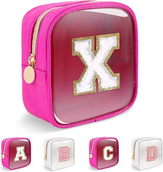 Personalized Initial Letter Clear Preppy Makeup Bag, Mini Nylon Chenille Letter Cosmetic Bag Cute Zipper Pouch Coin Purse for Teen Girls, Portable TSA Approved Travel Essentials Bag Gift for Women, X