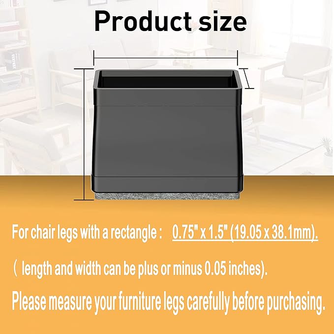0.75" x 1.5" Rectangular Chair Leg Floor Protectors, Chair Leg Covers & Caps, Chair Foot Protectors for Wood Floors, Chair Leg Protectors for Hardwood Floors, Anti-Scratch & No Noise. 24 Pcs Black.