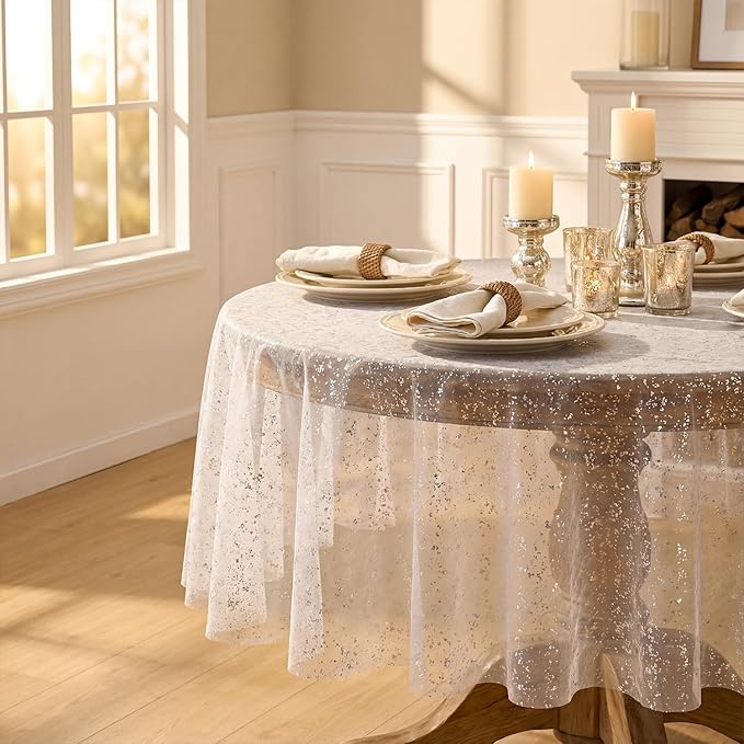 Horaldaily White Silver Gauze Tablecloth 60x60 Inch Round, Silver Sequin Glitter Metallic Foil, Sheer Tulle Cheesecloth for Wedding Baby Shower Ceremony Birthday
