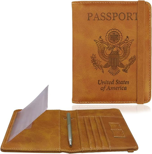 WALNEW Passport Holder for Travel, RFID Passport Cover Wallet for Women Men, PU Leather Passport Book Card Holder Case with Pen, Travelling Essentials for Flying