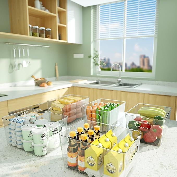 BALEINE Clear Plastic Storage Bins, Pantry Organization, BPA Free Stackable Refrigerator Organizers and Storage with Handles for Kitchen Fridge Cabinet Bathroom (4PK, 9.5x5.5x4.5)