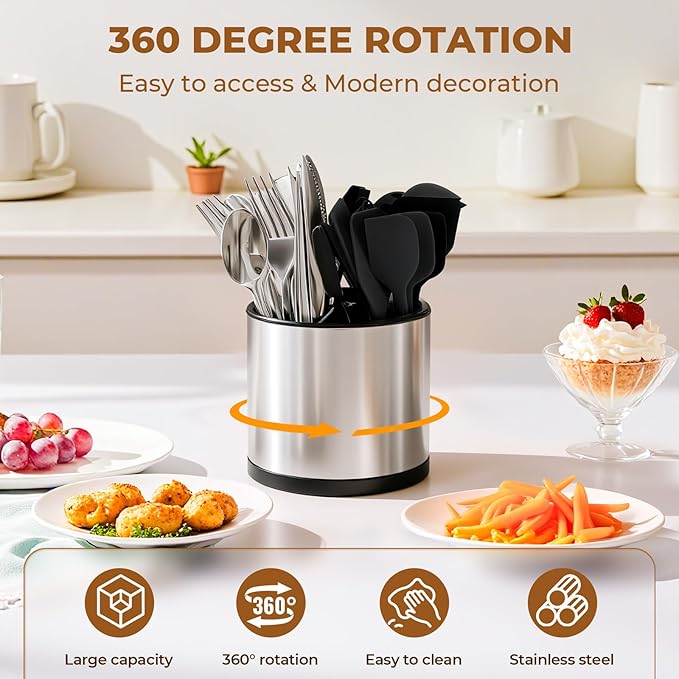 360° Rotating Kitchen Silverware Caddy, Stainless Steel Utensil Holder for party Counter with 3 Compartments, Cooking Flatware Organizer Spoon Spatula Tool Cutlery Container (Silvery, Medium)