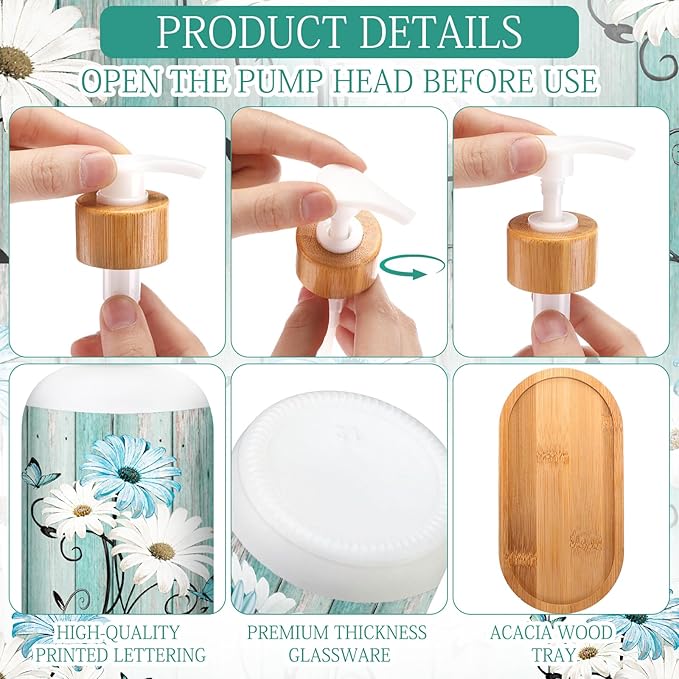 Potchen 2 Pack Glass Soap Dispenser Set Bathroom Decor Housewarming Gift Glass Soap Dispenser with Pump Wood Tray Home Decoration for Kitchen Bathroom (Teal Daisy)