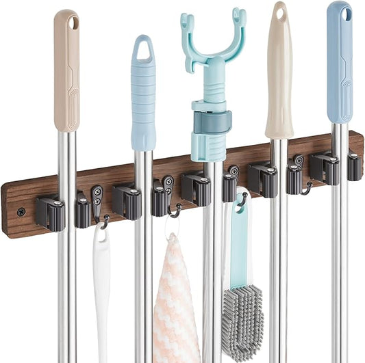 Mop and Broom Holder Wall Mount - Wooden Broom Mop Hanger - Wall Mounted Garden Tool Rack Organizer for Closet Garage Laundry Room for Rustic Kitchen Decor With 5 Slots & 4 Hooks
