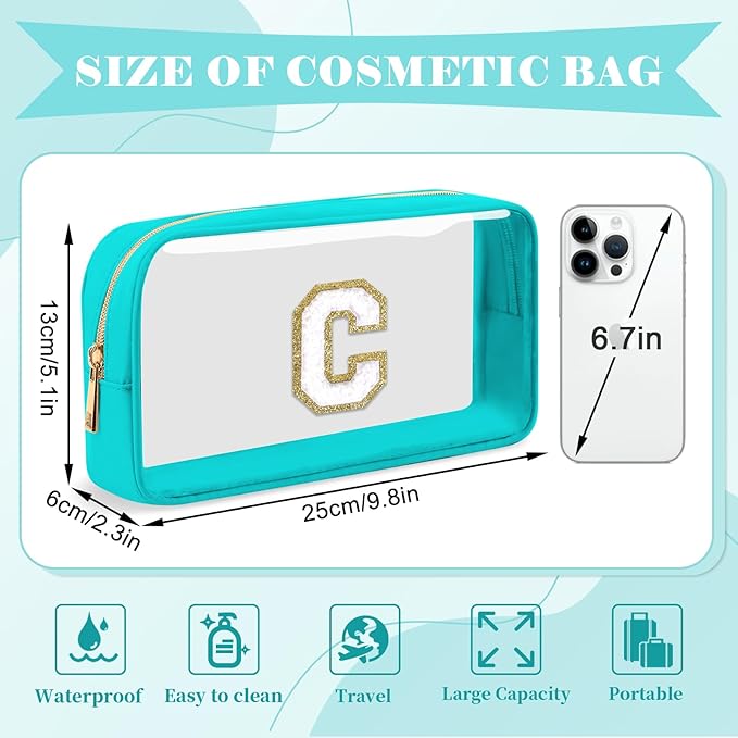 Personalized Initial Letter Clear Makeup Bag, Preppy Small Nylon & PVC Cosmetic Zipper Bag with Chenille Letter, Portable Beach Travel Skincare Toiletry Bag, Trendy Monogram Gift for Teen Girls Women, C