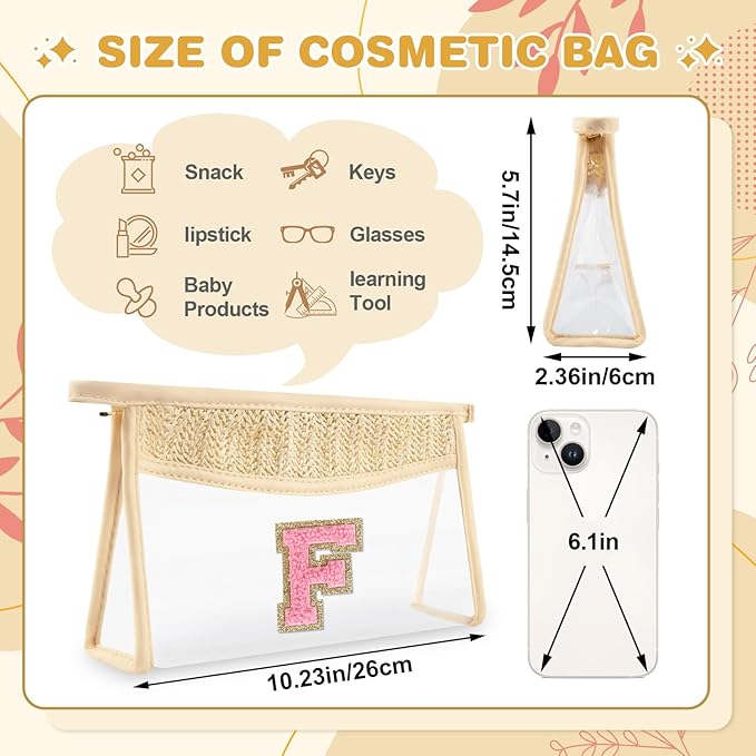 Small Boho Straw Initial Letter Makeup Bag Personalized Gift ,Cute Clear Chenille Patch Makeup Bag With Zipper,Trendy TSA Approved Travel Toiletry Bag,Gift for Women Girls Birthday Friend, Letter F