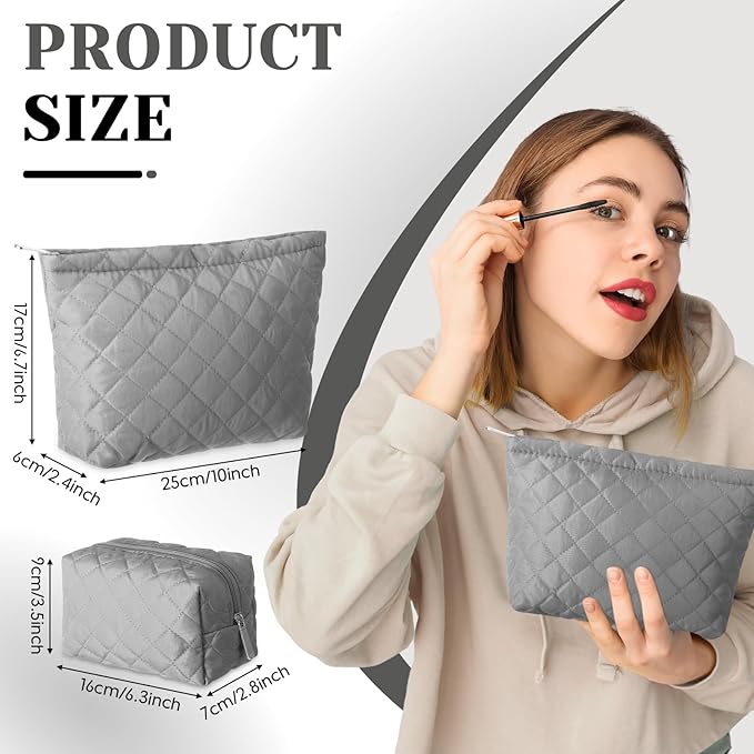 2 Pcs Pencil Case Quilted Makeup Bag Aesthetic Cosmetic Pouch for Women Puffer Travel Toiletry Bag Set Cotton Small Purse Pouch Makeup Organizer with Zipper(Gray)