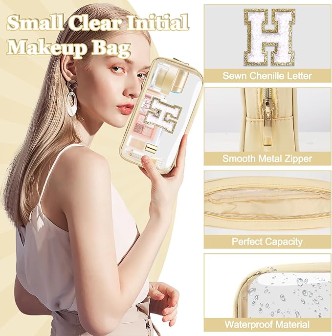 Small Clear Personalized Initial Makeup Bag,Nylon Preppy A-Z Chenille Letter Patch Cosmetic Pouch Beach Toiletry Bag,Waterproof Zipper Travel Purse Storage Bag Organizer for Women Girls(Beige-White H)