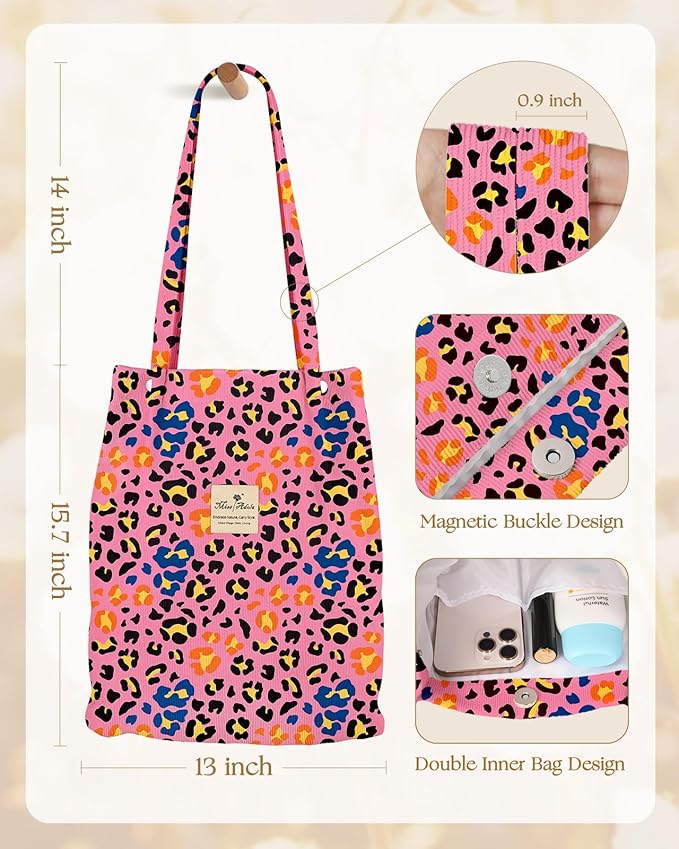 Miss Adola Corduroy Tote Bag for Women - Reusable Totes with Pocket & Buckle Cute Aesthetic Shoulder Bag for Work Travel