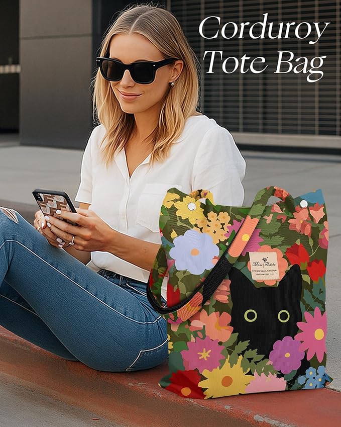 Miss Adola Corduroy Tote Bag for Women - Reusable Totes with Pocket & Buckle Cute Aesthetic Shoulder Bag for Work Travel
