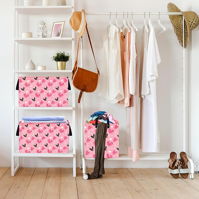 KUNRO Rectang Heart Valentine's Storage Basket Gift Shelf Basket Storage Bin, Nursery Basket Organizer Box for With Handles for Room Deco