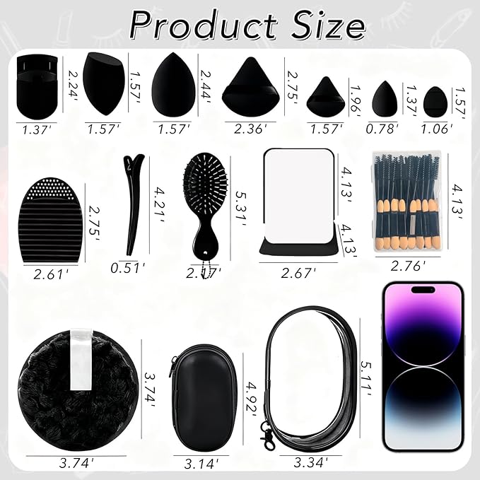 Travel Makeup Brush Set, 77Pcs Mini Makeup Kit Synthetic Foundation Concealers Eye Shadows Brushes Powder Puff with Eyelash Curler Eyebrow Razor Comb Mirror Hair Clips Cosmetic Bag (Black)