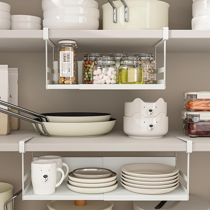 SHINEWON Expandable Under Cabinet Shelf Organizer with 0.94 Inches Thick Clips, Heavy Duty Extendable Under Shelf Storage Basket for Pantry or Laundry Room, White, 1 Pack, Interior: 5.7" H x 8.54" D