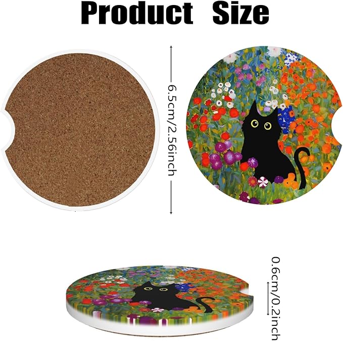 Car Cup Holder Coasters, 2 Pcs Ceramic Coasters with Cork Back and Finger Slot, Anti-Slip Shock Absorbing Women and Men Universal Car Accessories - Long-Tailed Cat
