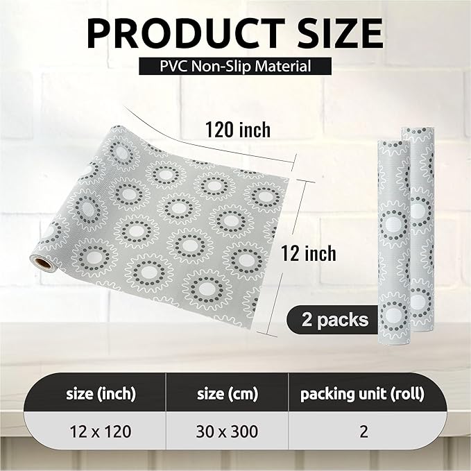 FIFTY FEET 12X120 Inch Shelf Liner for Kitchen Cabinets, PVC Drawer Liner for Dresser Non-Slip Bathroom, Non-Adhesive Cabinet Liner Washable (Grey Circle)(2 Roll)