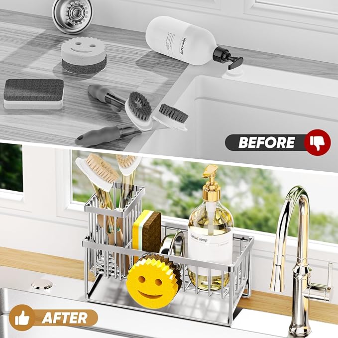 Sponge Holder for Kitchen Sink, Smiley Face Sink Caddy with Removable Brush Holder, Self-Draining Sponge Caddy for Soap, Dish Brush, Scrubber, Kitchen Essentials and Gadgets - Silver