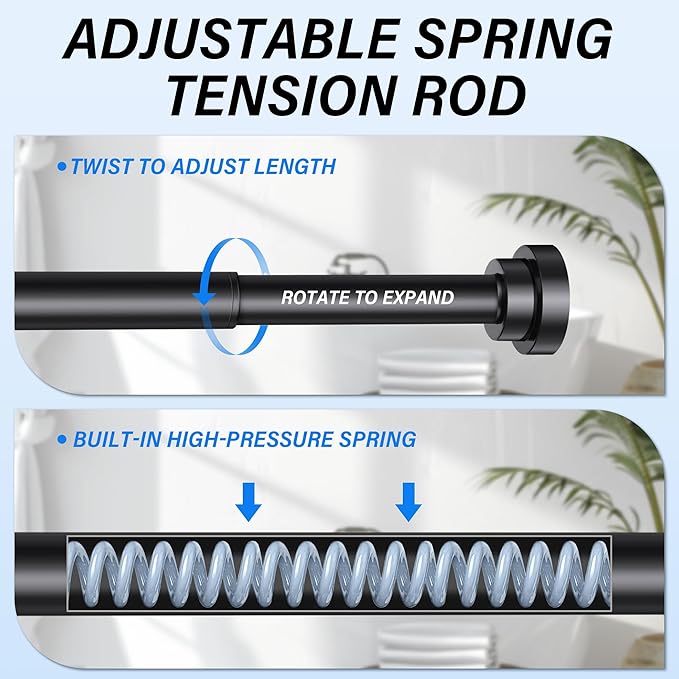 Suranew 25-51" Black Heavy Duty Spring Tension Rod, No Drill Rust-Proof Adjustable Shower Curtain Rod for Bathroom/Closet/Kitchen