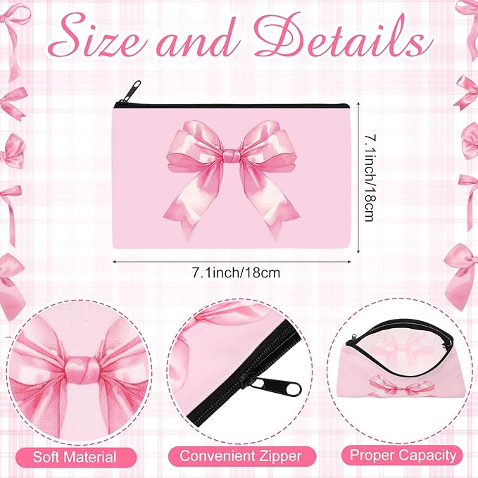 Reginary 20 Pieces Pink Bow Cosmetic Bag for Women, Roomy Pink Bow Makeup Bags with Zipper Toiletry Bag Pouch Travel Accessory Organizer Valentine's Day Gifts, 7 x 4.3 Inches