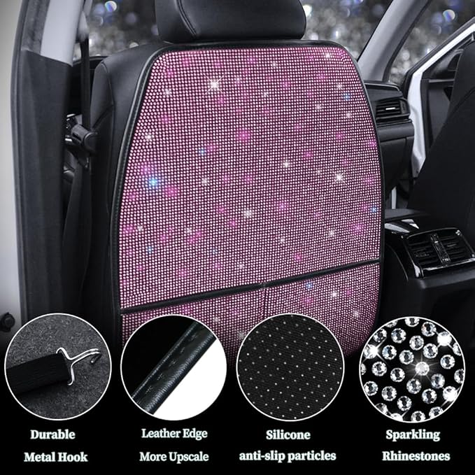 Pirador Bling Kick Mats for Car Seats with Pockets – Crystal Diamond Protectors for Girls & Women, Easy-to-Install Backseat Kick Mats with Storage & Sparkling Rhinestones Pink 2pcs