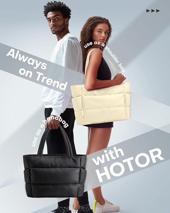 HOTOR Puffer Tote Bag for Women, Nurses - Multi-Pocket Lightweight Bag for Work - Quilted Handbag for Travel and Gym