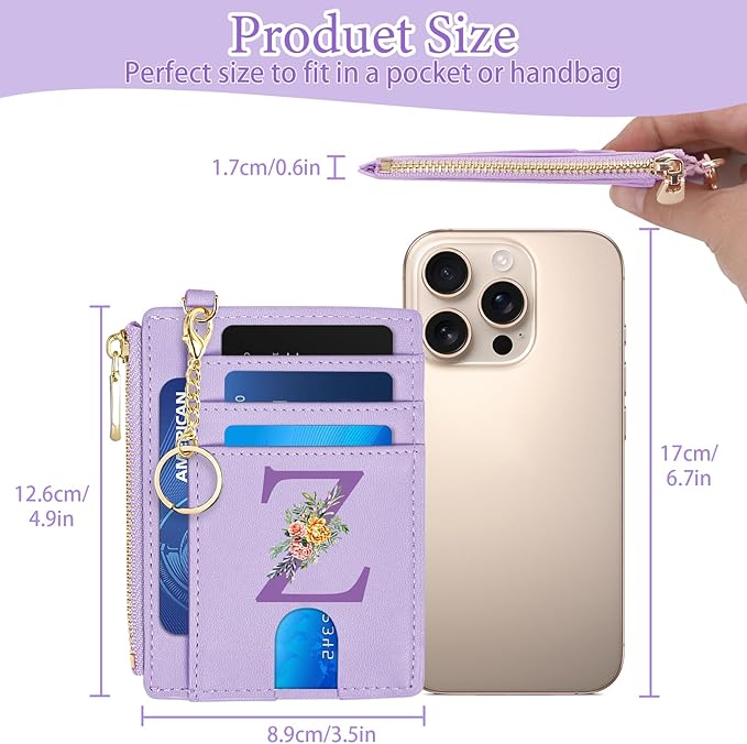 Slim Wallet for Women Credit Card Holder with D-Shackle ID Window and Detachable Keychain,Personalized Birthday Gifts for Girls Women Her Freind Sister Girlfriend,Initial Letter Z(Purple)