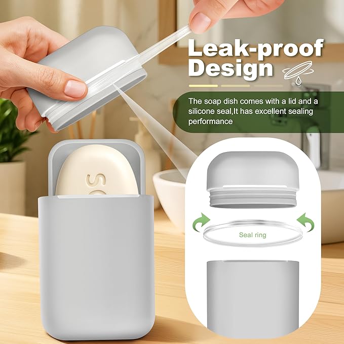 Travel Soap Case soap Holder,Leak Proof Soap Holder with Silicone Sealed lid,Keep Dry with Drainage Tray,Soap Dish for Travel, Gym, Bathroom, Outdoor, Camping, School (Gray)