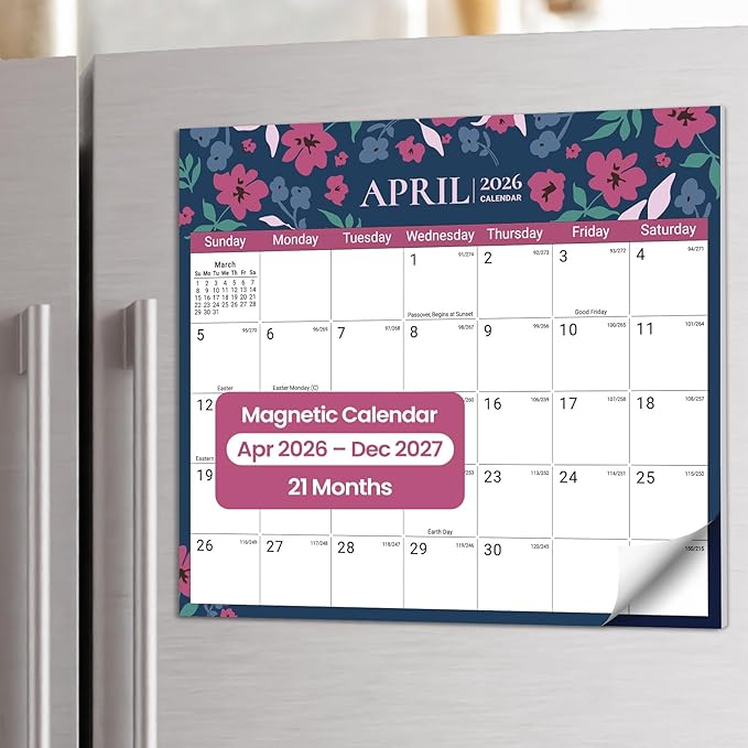 Aesthetic 2026-2027 Magnetic Calendar for Refrigerator, 21-Month Fridge Calendar Magnet from April 2026 to December 2027, Easy Organizing，Twilight Petals