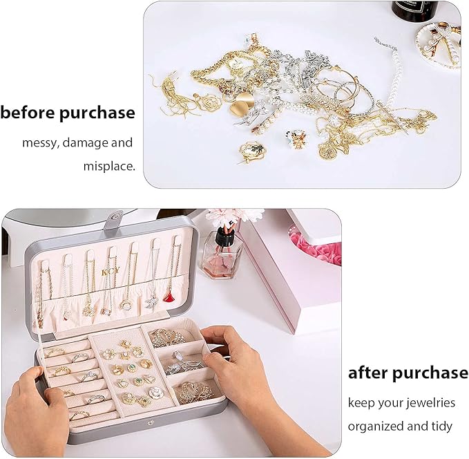 KCY Travel Jewelry Organizer Box for Women Girls, Small Travel Jewelry Case, PU Leather Portable Jewellery Storage Boxes Display Holder for Ring Earrings Necklace Bracelet Bangle, Gifts,Grey