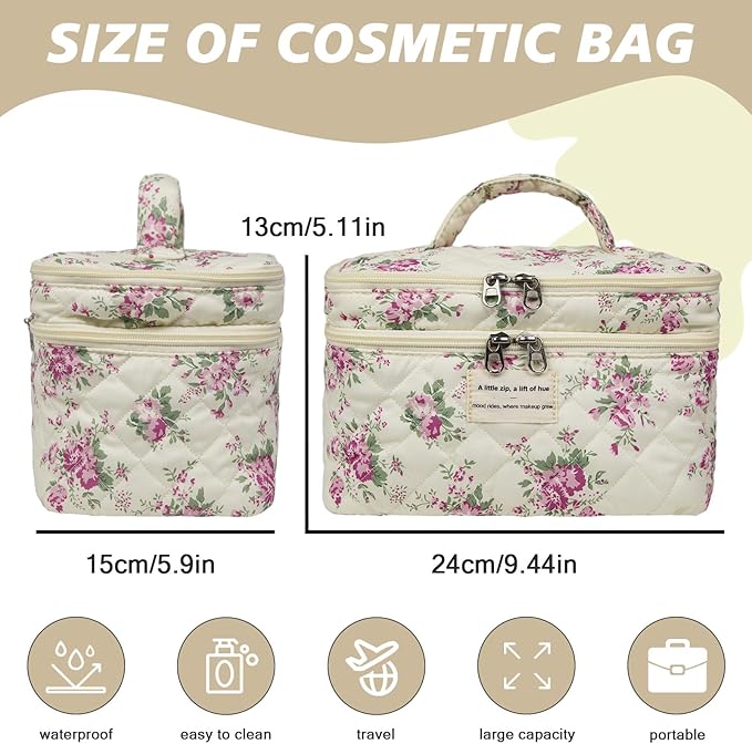 Large Quilted Makeup Bag, Large Floral Cosmetic Bag for Women, Cute Cotton Makeup Bags, Flower Travel Toiletry Organizer Bag (Pink Flowers)