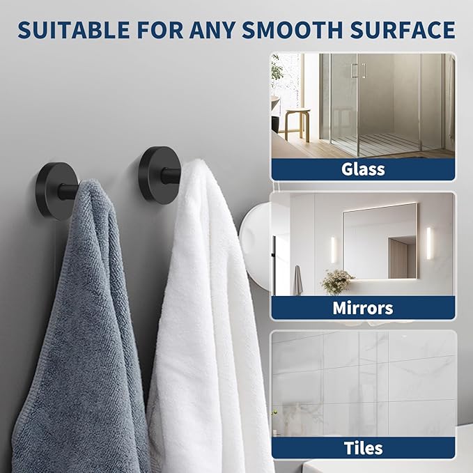 Suction Cup Hooks for Shower Stainless Steel, Suction Hooks for Shower Wall Hangs 11lbs, Bathroom, Kitchen, Glass Door, Mirror, Tile, Loofah, Towel, Coat, Bath Robe, Matte Black 4 Pack