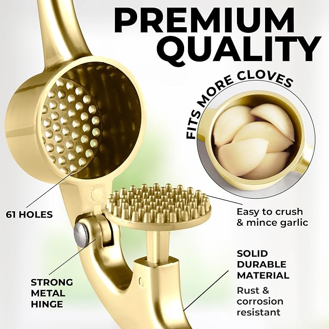Zulay Kitchen Large Premium Garlic Press Set - Bigger Bowl for Bigger Garlic - Rust Proof & Dishwasher Safe Garlic Mincer Tool - Easy-Squeeze, Easy-Clean Silicone Garlic Peeler & Brush (Gold)