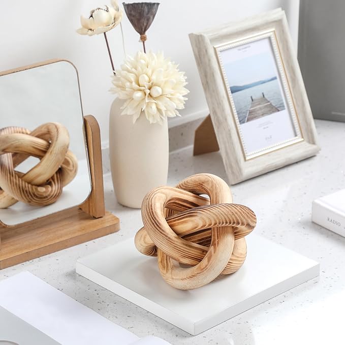 3 Link Wood Knot Decor - Hand Carved Coffee Table Decoration, Boho Chain Link Decor, Modern Shelf, Rustic Objects for Home Living Room Bedroom (Burnt)