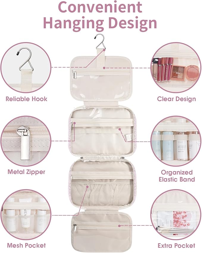 Narwey Hanging Toiletry Bag for Women Travel Makeup Bag Organizer Toiletries Bag for Travel Size Essentials Accessories Cosmetics (Pink Flower Buds (Medium))