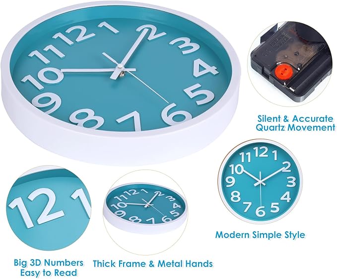 10 Inch Silent Wall Clock with Big Numbers – Aqua Coastal Decor for Kitchen, Bathroom, Bedroom – Easy-to-Read Non-Ticking Modern Analog Clock