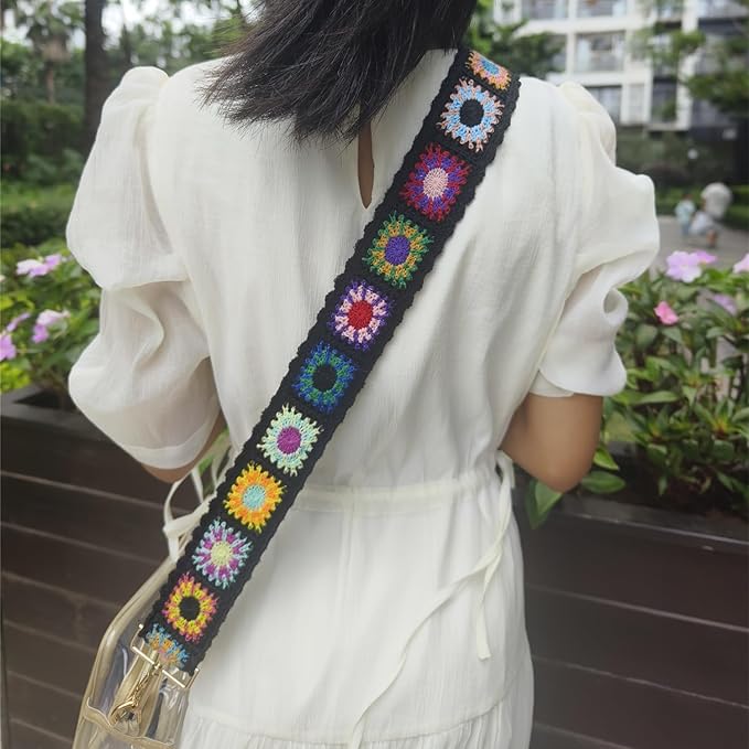 Wide Purse straps Crochet Flower replacement crossbody for Handbag Adjustable Embroidery Knit Guitar Shoulder strap
