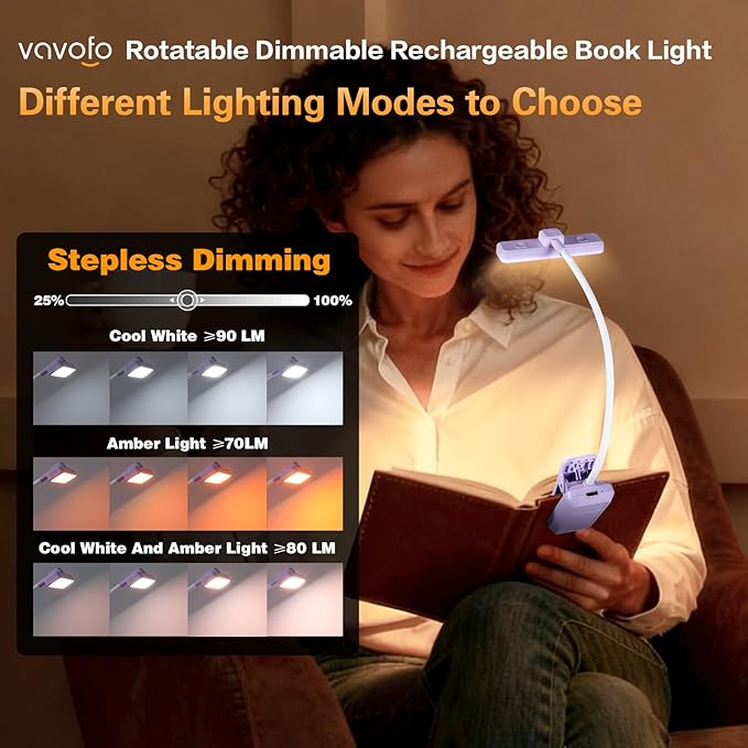 VAVOFO Rechargeable Book Light Rotatable：24 LEDs Reading Light, 3-Color & 9-Brightness Book Lamp, Eye Cared 120Hrs Runtime Lightweight Clip on Led Light for Book Lovers (Purple)