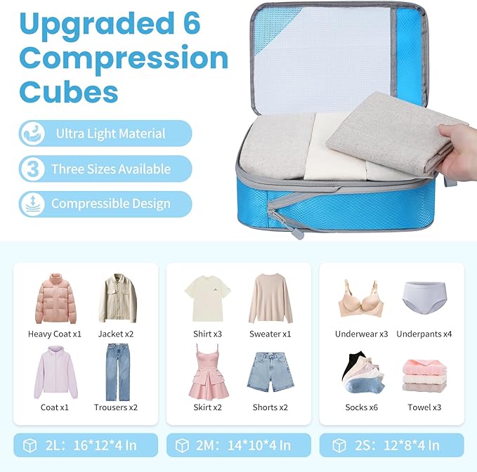 8 Set/6 Set/4 Set Compression Packing Cubes for Travel, Lightweight Vacation Travel Essentials, Travel Accessories for Suitcase Organizer Bags Set, Durable Luggage Organizer