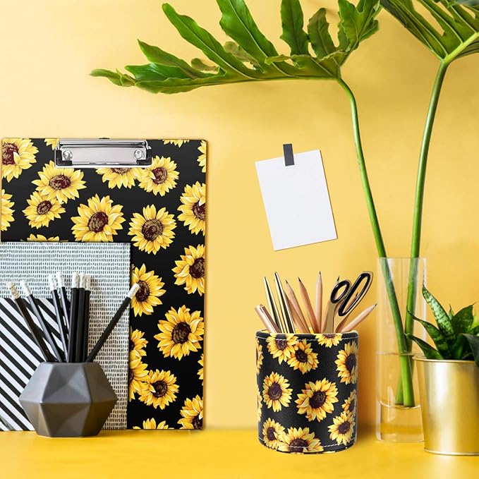WAVEYU Pen Holder, Pencil Cup Desk for Women Girls, Luxury Makeup Brush Holder Large Pu Leather Multi-Functional Organizer Cup for Office, Classroom, Home, Sunflower