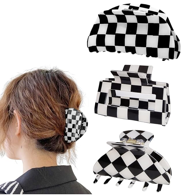 Womens Checkered Hair Clip Medium Checkered Claw Clips Black And White Jaw Clip,3pack