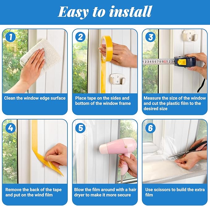 U0U 74x79inch Window Insulation Kit, Heavy Duty Plastic Window Insulation Kit with Double Sided Tape, Window Plastic Transparent Film for Block Cold and Dust