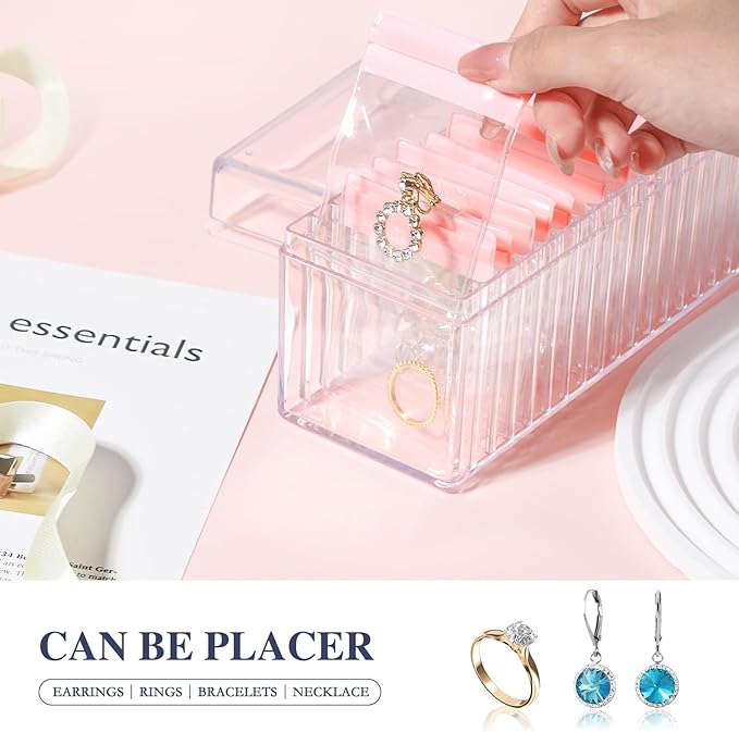 Acrylic Jewelry Box Organizer, Clear Jewelry Organizer Holder with 20 Portable Anti Tarnish Jewelry bags, Travel Jewelry Case for Earrings/Rings/Necklaces for Women Girls, Pink