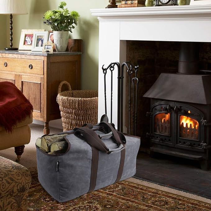 Waxed Canvas Log Carrier Tote Bag, Extra Large Durable Firewood Holder with Handles and Shoulder Strap, Heavy Duty Wood Carrying Bag for Fireplaces Grey