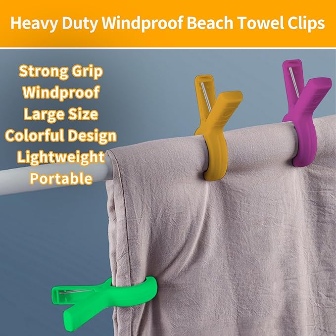 12 Pack Beach Towel Clips, 3.7 Inch Heavy Duty Towel Holder Clips for Beach Chairs, Non-Slip Pool Chair Clips for Laundry Towel, Clothes, Secure Blankets, Robes, Wet Swimsuits (Small)