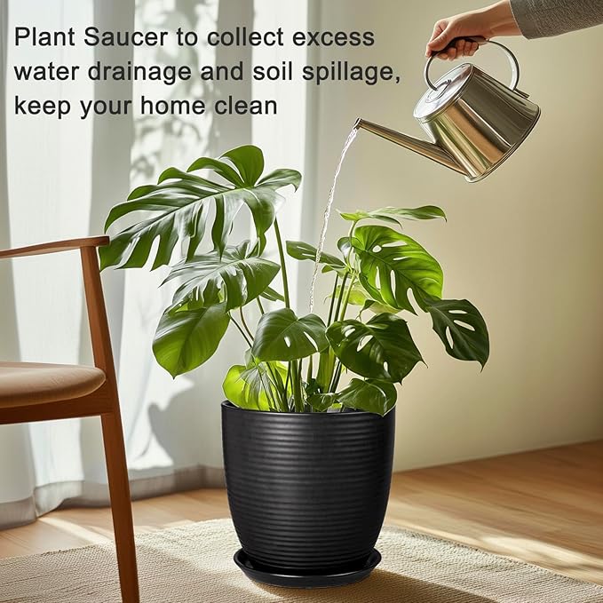 EPFamily Plant Tray for Pots 10 Inch - Ceramic Plant Saucer for Indoors, Plant Drip Tray, Plant Plates to Catch Water, Flower Pot Saucer, Decorative Plant Drainage Tray, Black