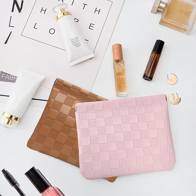 2-Pack Small Waterproof Checkered Makeup Bag - Portable Leather Travel Toiletry Bag Organizer with Snap Closure, Aesthetic Travel Storage Pouches for Women's cosmetic bag for purse (Pink&Brown)