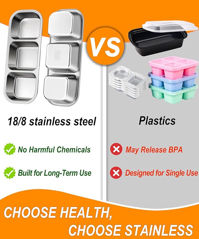 KTKUDY Stainless Steel Snack Container for Kids & Adults - Leak-Proof 3-Compartment Stackable Snack Lunch Box for Daycare, School, Work & Travel