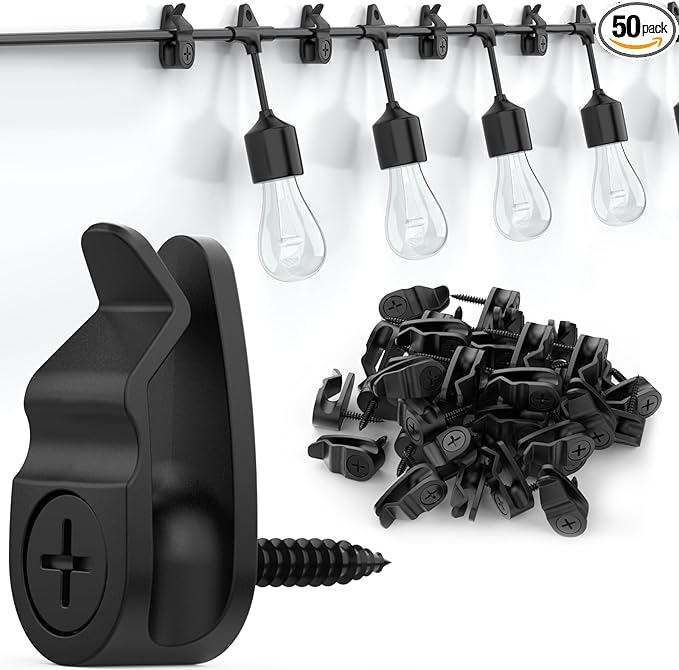 Outdoor String Lights Clips, Weatherproof Cable Hanger Hooks for Hanging Fairy Lights, Holiday Decor - Black, 50 Pack