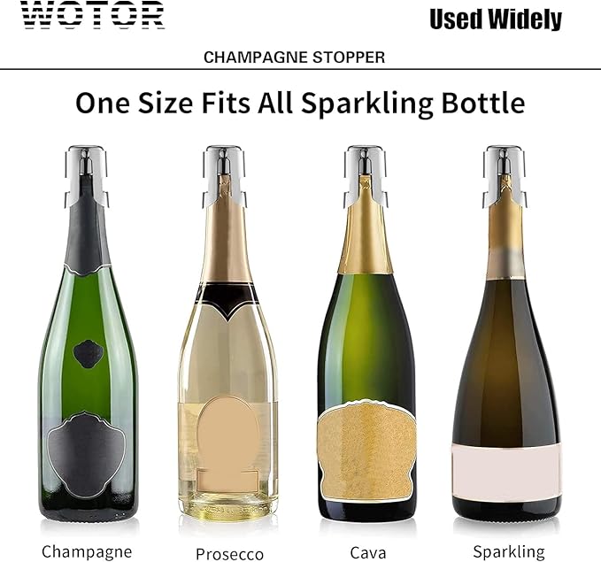 WOTOR Stainless Steel Champagne Stoppers - Champagne Bottle Stoppers with Silicone Seal, Reusable Cork & Saver, Suitable for Prosecco & Sparkling Wine, Silver, 3 Pack
